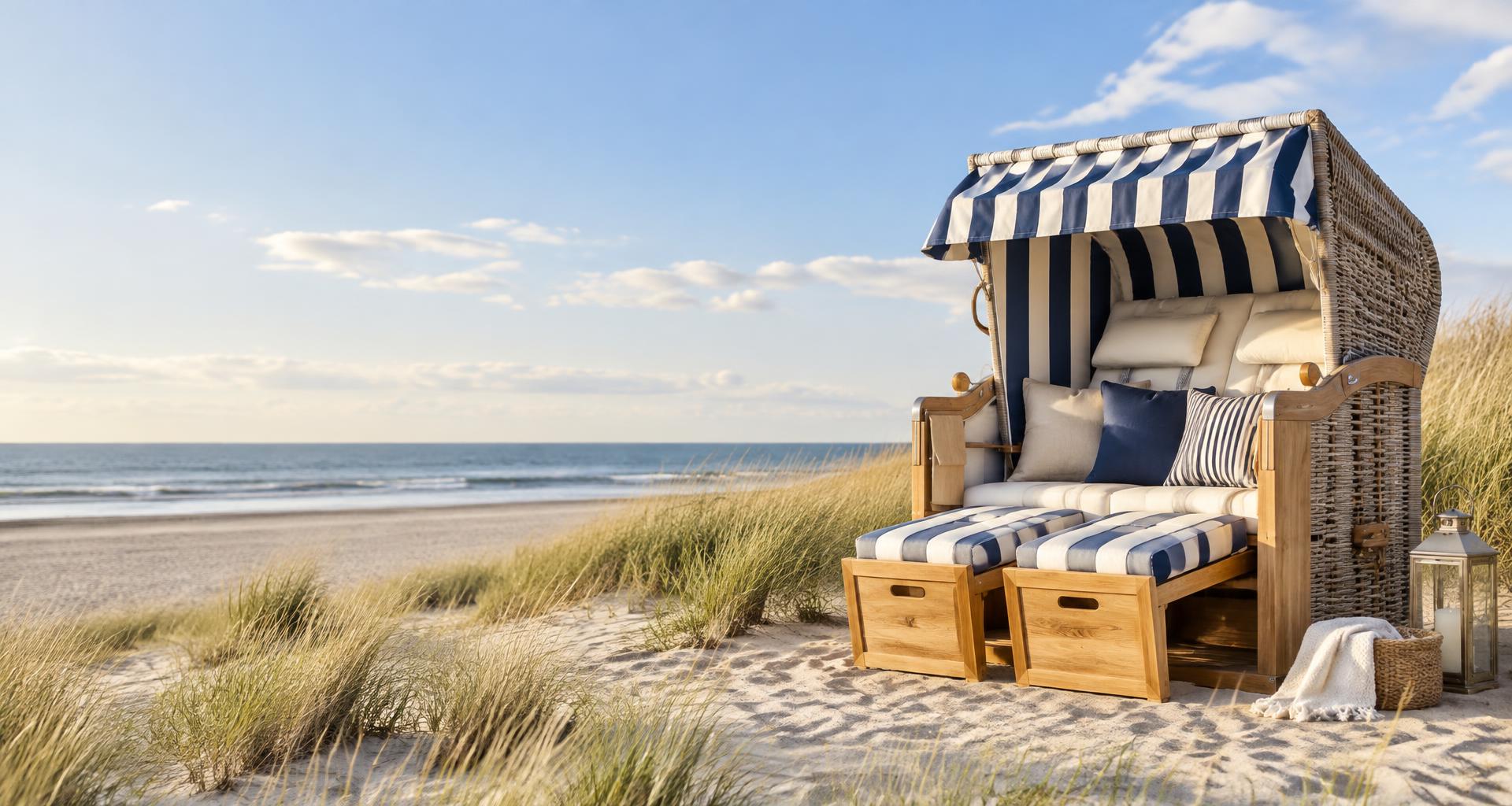 Blau-weiß gestreifter Strandkorb an der Ostseeküste